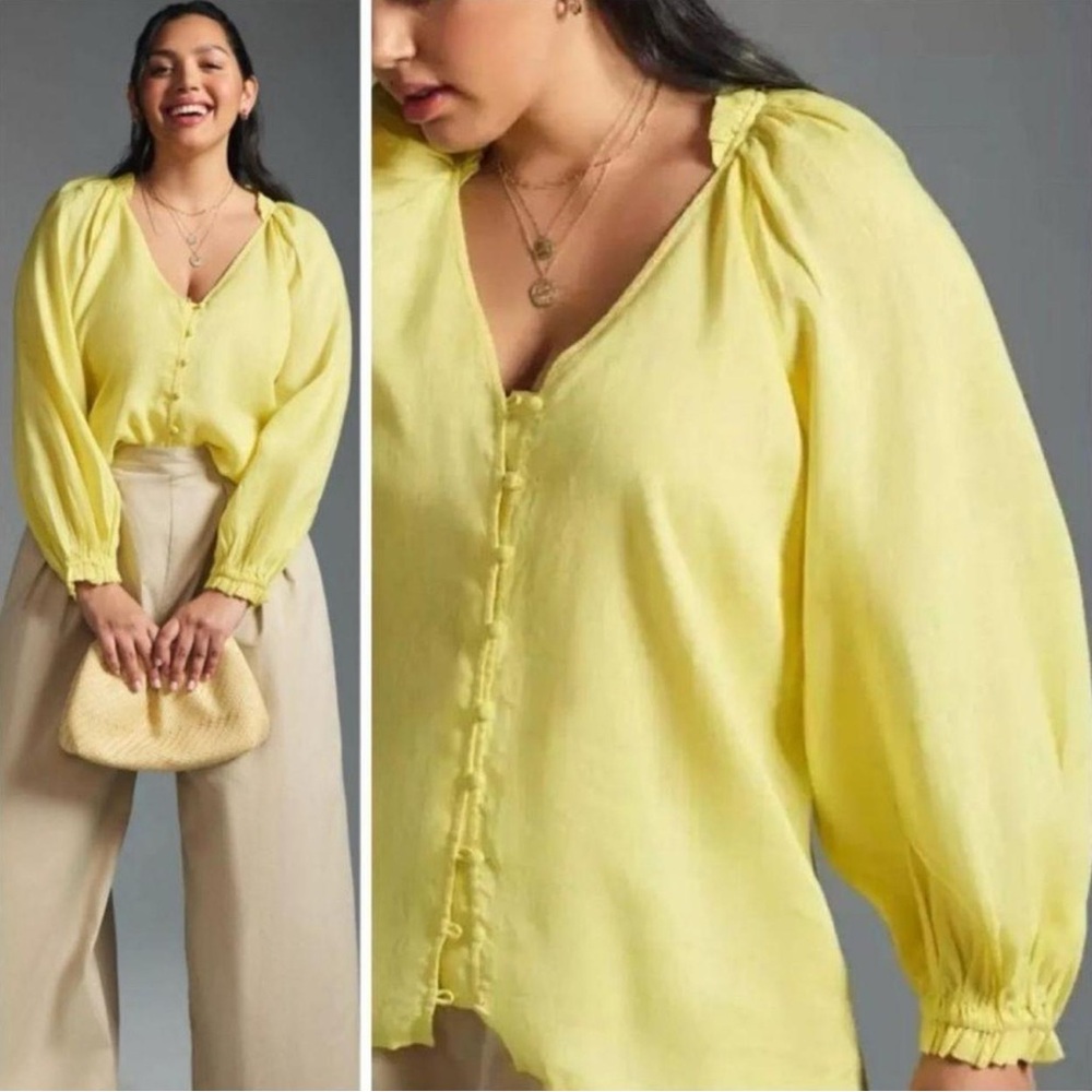GUC Maeve by Anthropologie Yellow Linen Top with Gathered Sleeves